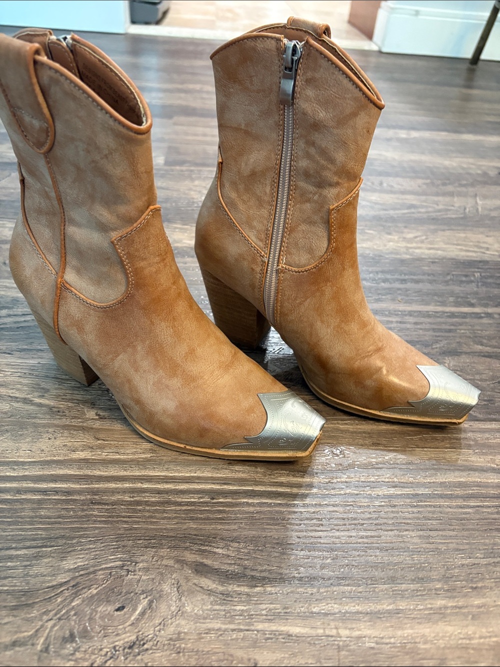 BEAST FASHION Tan Western Ankle Boots with Gold Toe Cap